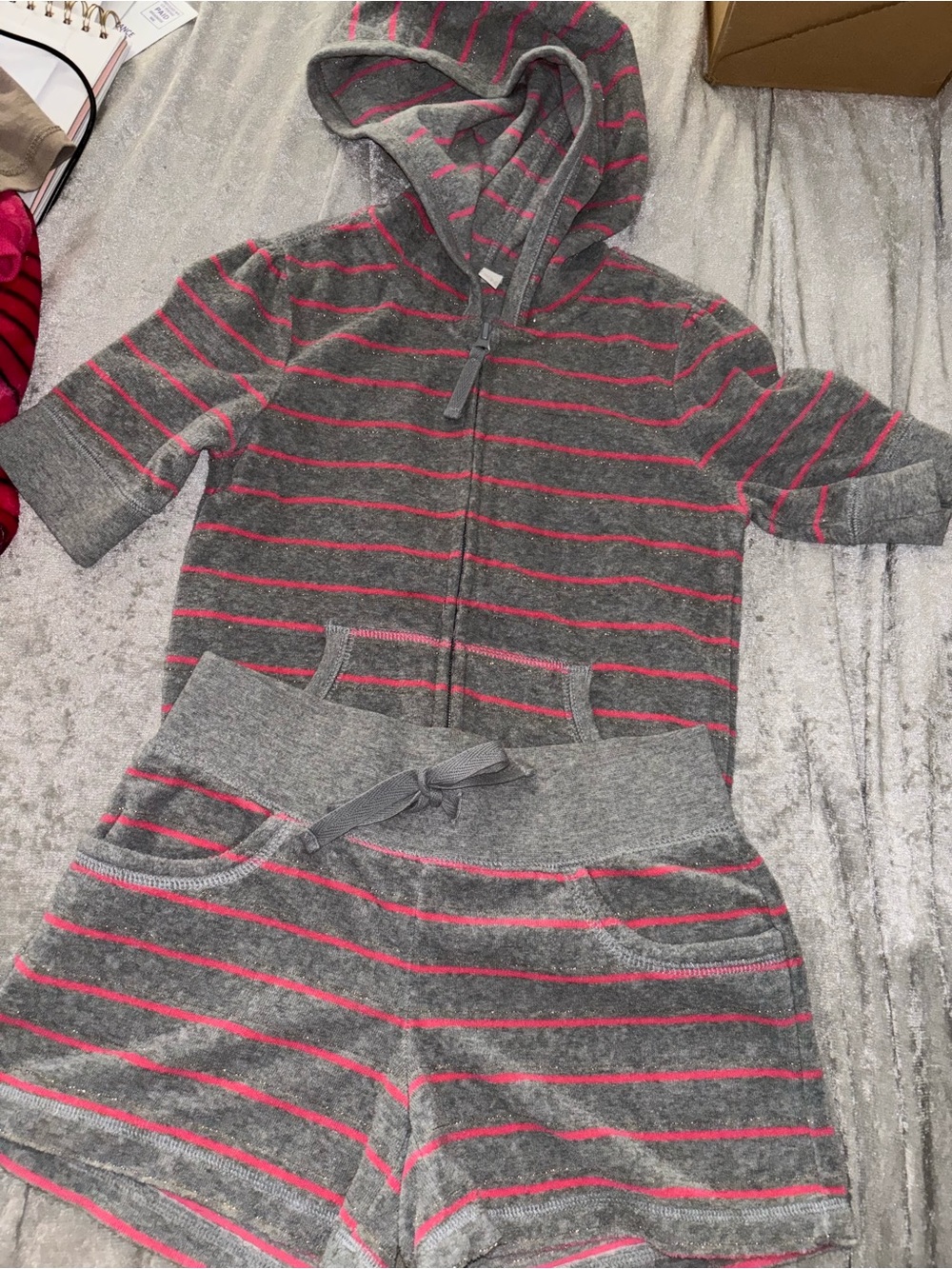 Old Navy Gray and Pink Striped Hoodie & Shorts Set